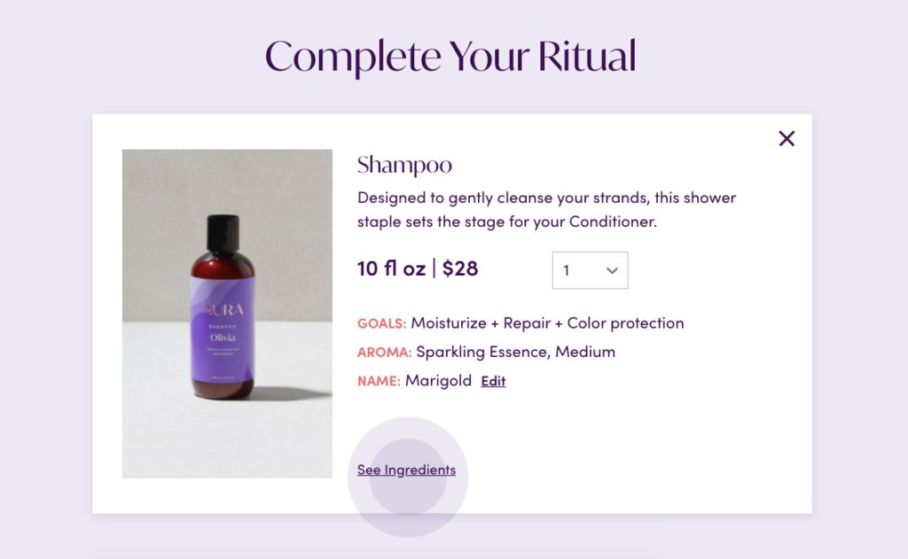 The Complete Your Ritual section in AURA Hair Care's Quiz.