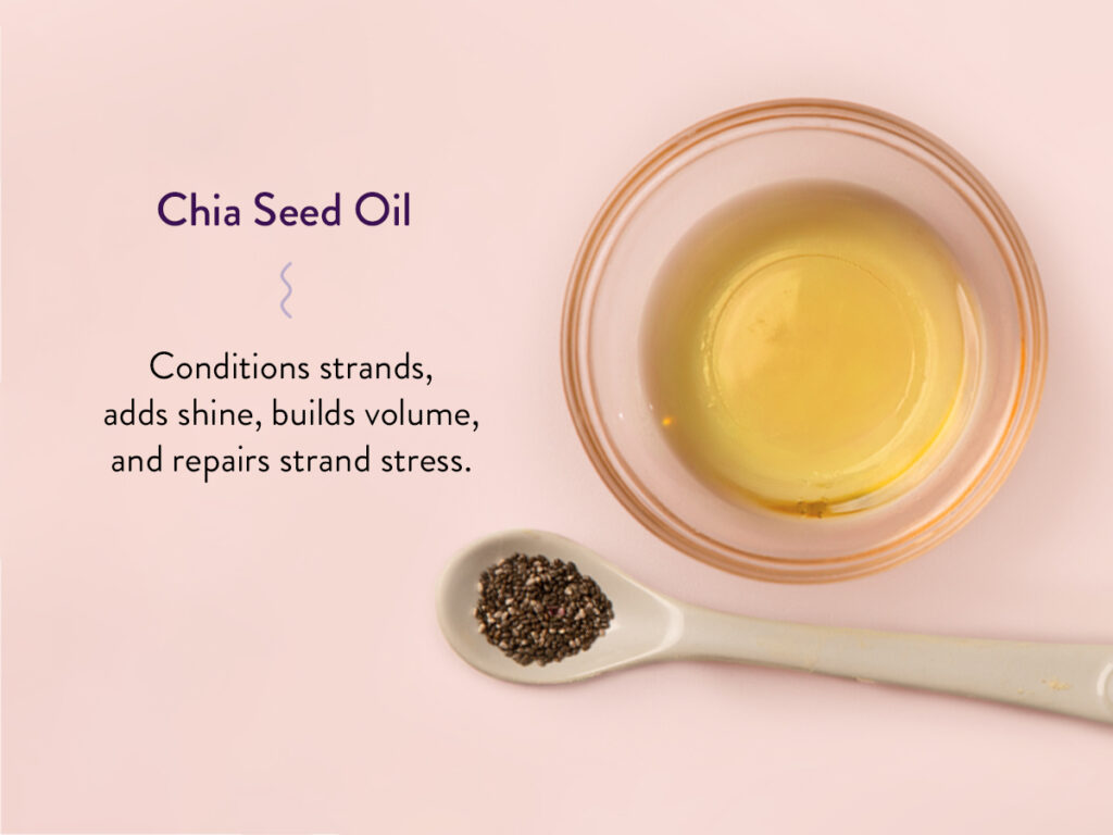 Bowl of Chia Seed Oil next to a spoon filled with chia seeds and a description of their benefits: Conditions strands, adds shine, builds volume, and repairs stressed strands. 
