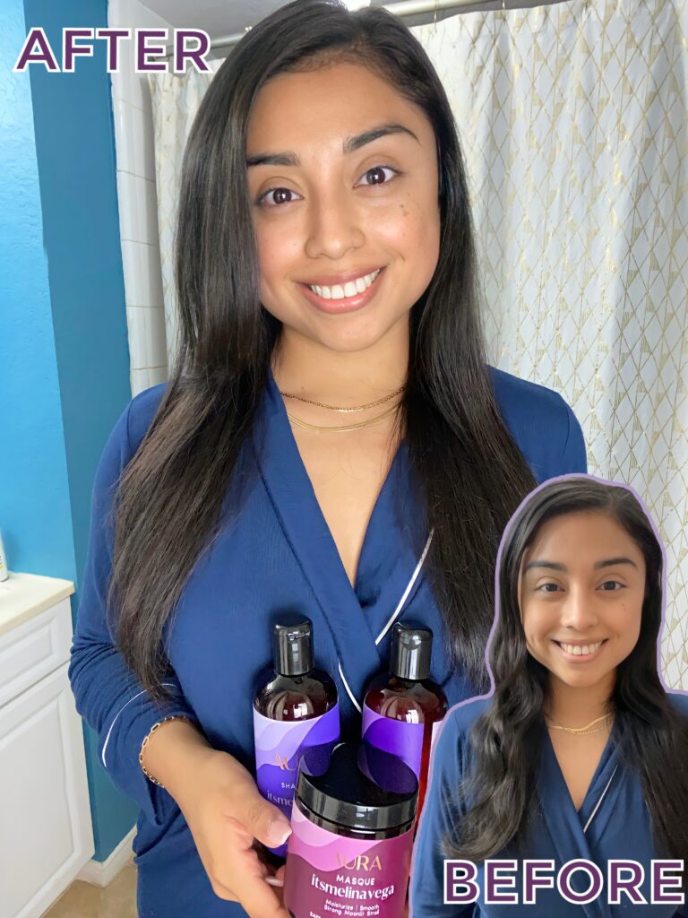 Melina Vega's before and after results with her personalized AURA hair care Ritual including Shampoo, Conditioner, and hair Mask. 
