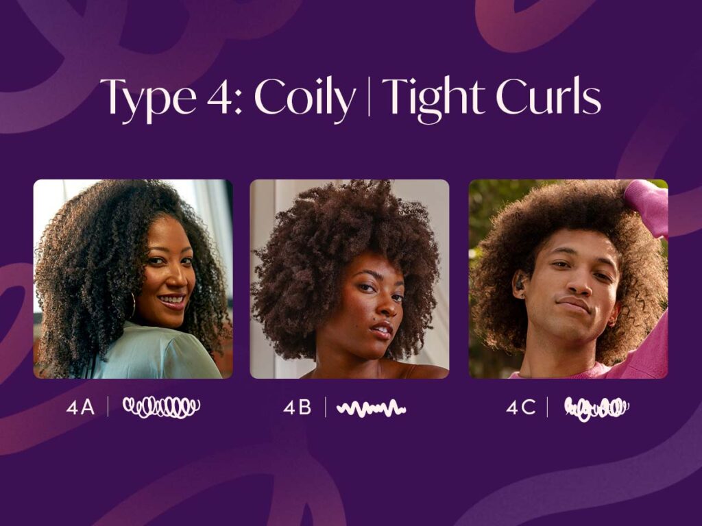 Graphic made up of three separate images of three AURA Hair Care models with Type 4 Curls.