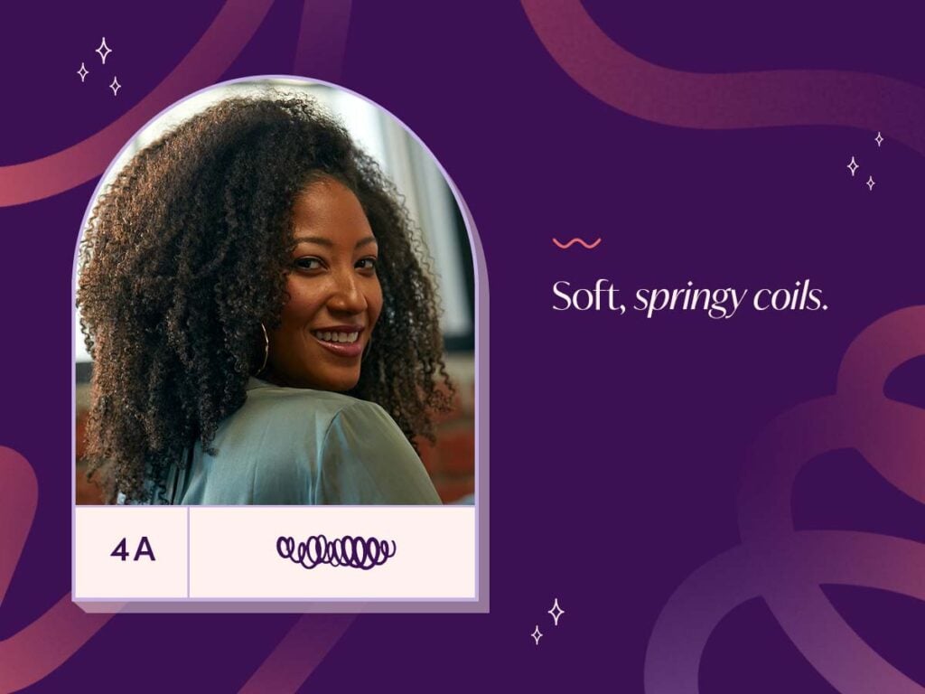 Graphic with image of a woman smiling with soft coils that are in a dark brunette shade. 

Definition of Type 4A: Soft, springy coils. 
