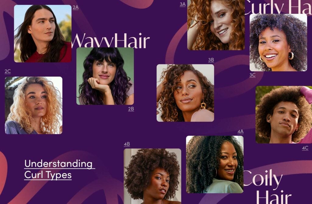 AURA guide to understanding curl types and hair care collage of all different hair types. 