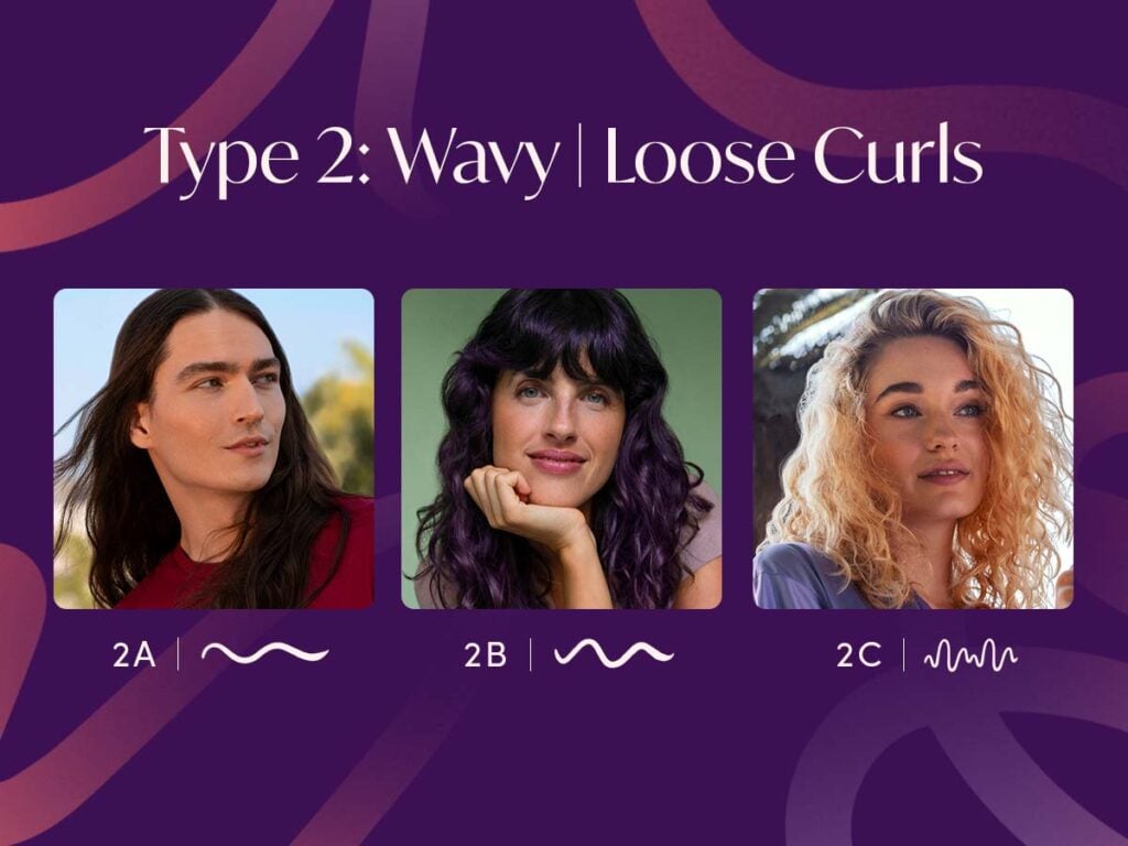 Graphic made up of three separate images of three AURA Hair Care models with Type 2 Curls.