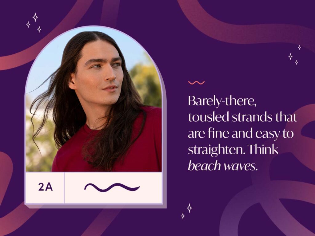 Graphic with image of an AURA Hair care model with long, wavy brunette hair. 
Definition of Type 2A: Barely-there, tousled strands that are fine and easy to straighten. Think beach waves.