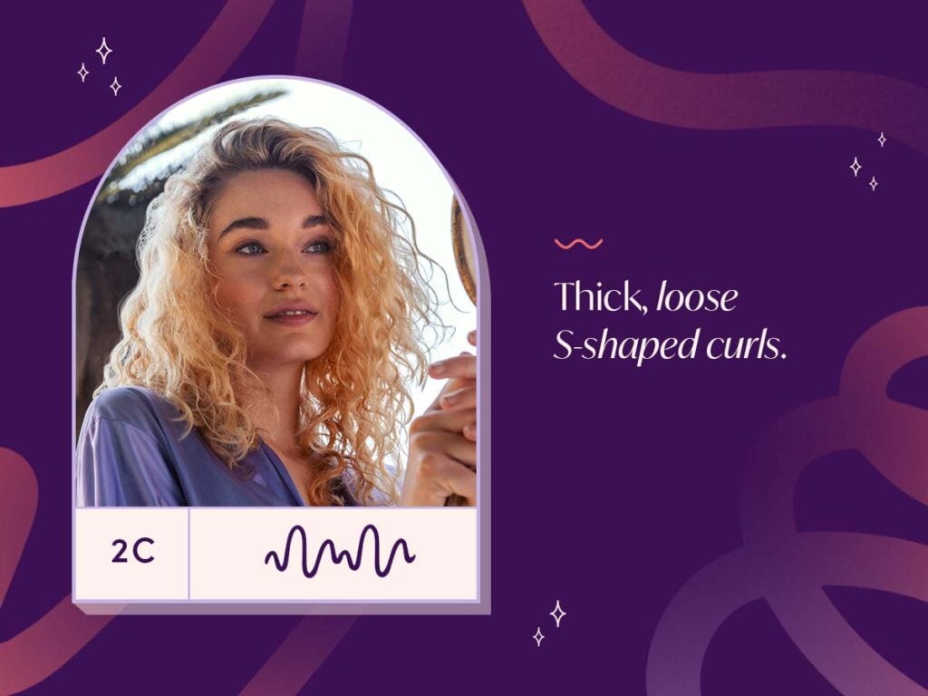 Graphic with an image of an AURA Hair care model with loose, curly golden blonde hair that hits at the shoulders. Definition of Type 2C: Thick, loose S-shaped curls.