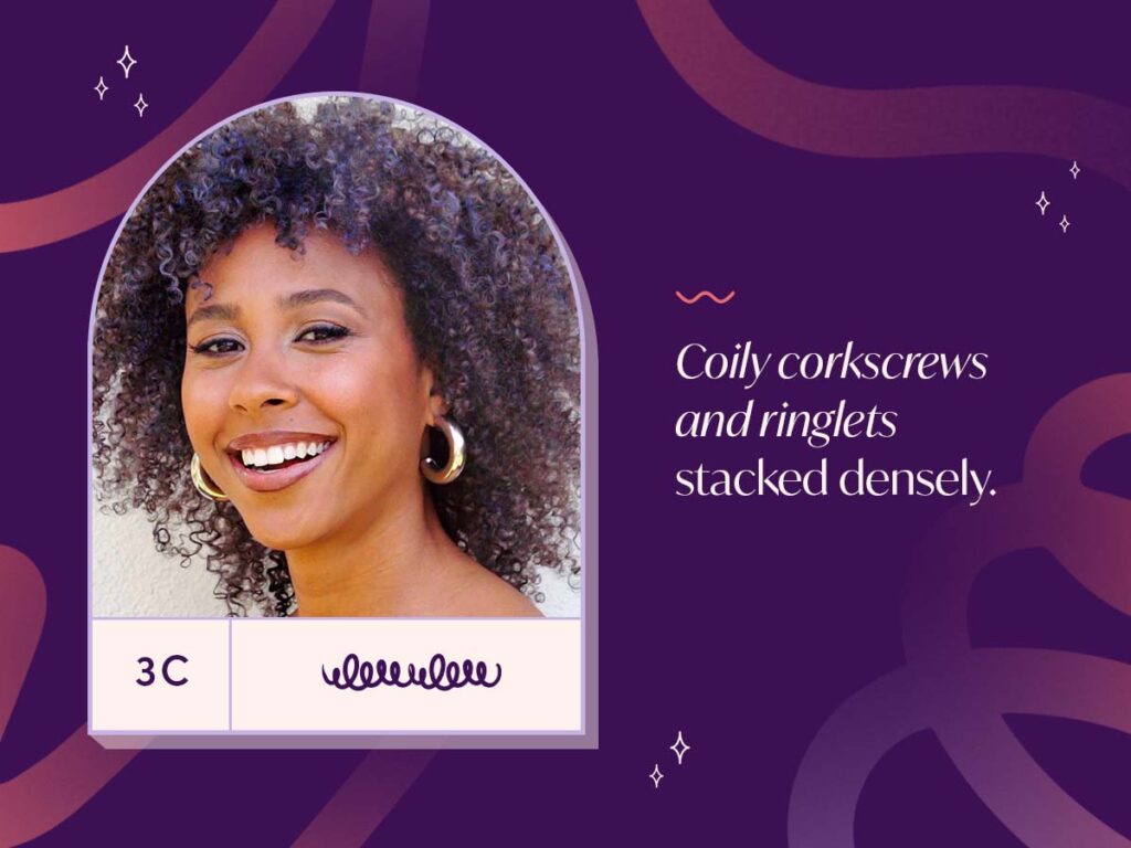Graphic with image of woman who has short Type 3C curls with AURA Hair Care pigmented masque in Fantasy shade Irish Lilac. 
Definition of Type 3C: Coily corkscrews and ringlets stacked densely.