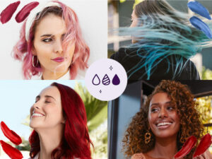 Four AURA Hair Care models with different colored hair. Each Color Muse is showing off one of the following semi-permanent pigments in our Fantasy shades: Rose Gold, London Red, Golden Mahogany, and Pacific Periwinkle.