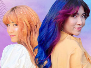 AURA Hair Care model Michelle shown with Hawaiian Coral semi-permanent hair color on the left. On the right, Michelle is shown with her new purple pigmented hair.