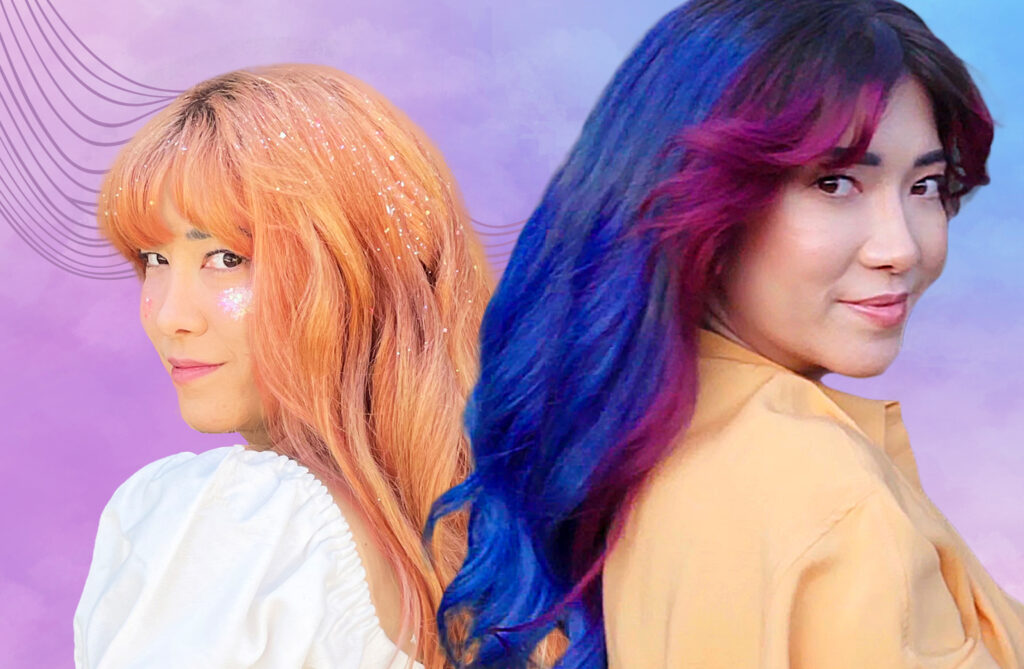 AURA Hair Care model Michelle shown with Hawaiian Coral semi-permanent hair color on the left. On the right, Michelle is shown with her new purple pigmented hair. 
