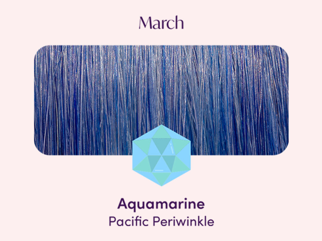 Swatch of Pacific Perwinkle pigment and Aquamarine birthstone
