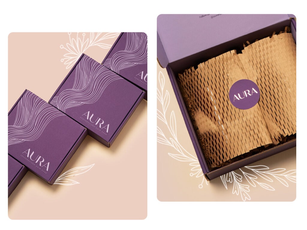 Laydown shots. On the left, AURA Hair Care 100% recyclable shipper boxes are made from recycled materials. On the right, the biodegradable crinkle paper inside each shipper. 