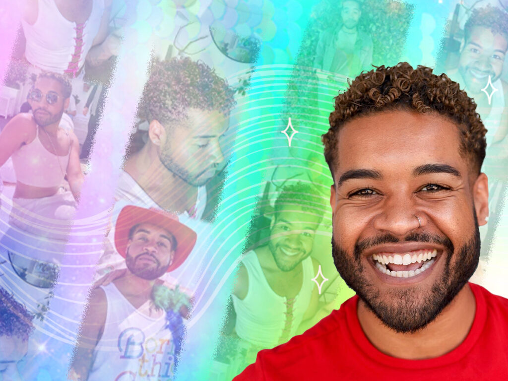 Graphic of AURA model Rawlin Jefferson smiling. Pride Month background made of rainbow collage of pictures of Rawlin living and being his true self. 