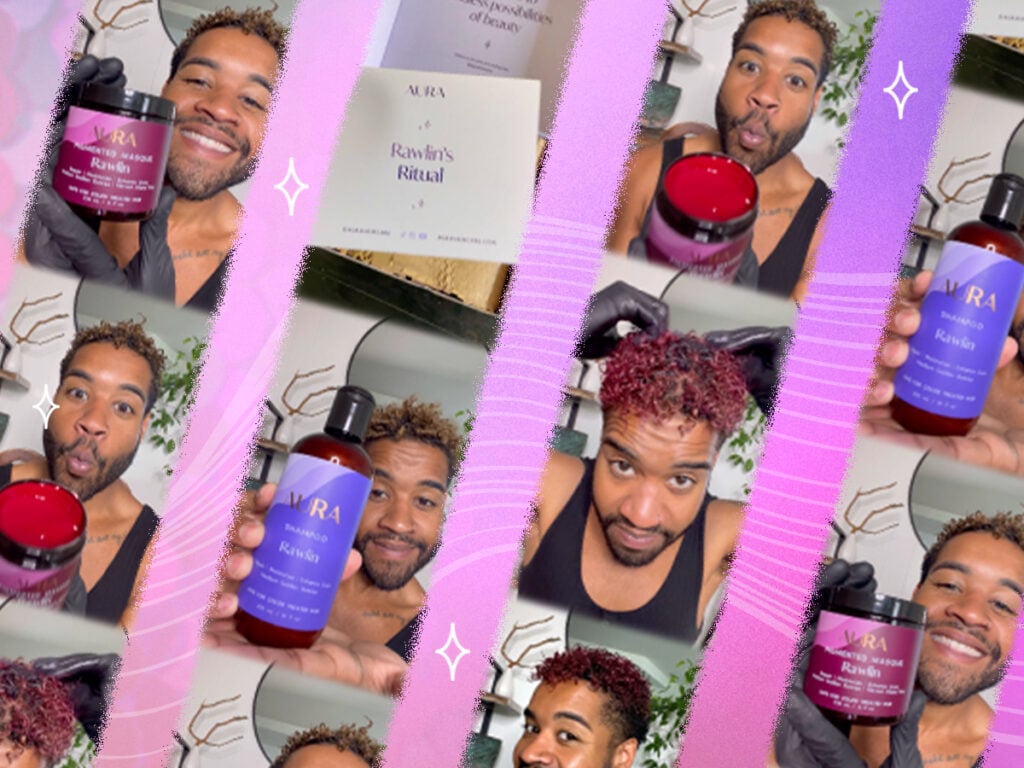 Collage of Rawlin showing off his personalized Ritual from AURA Hair Care.