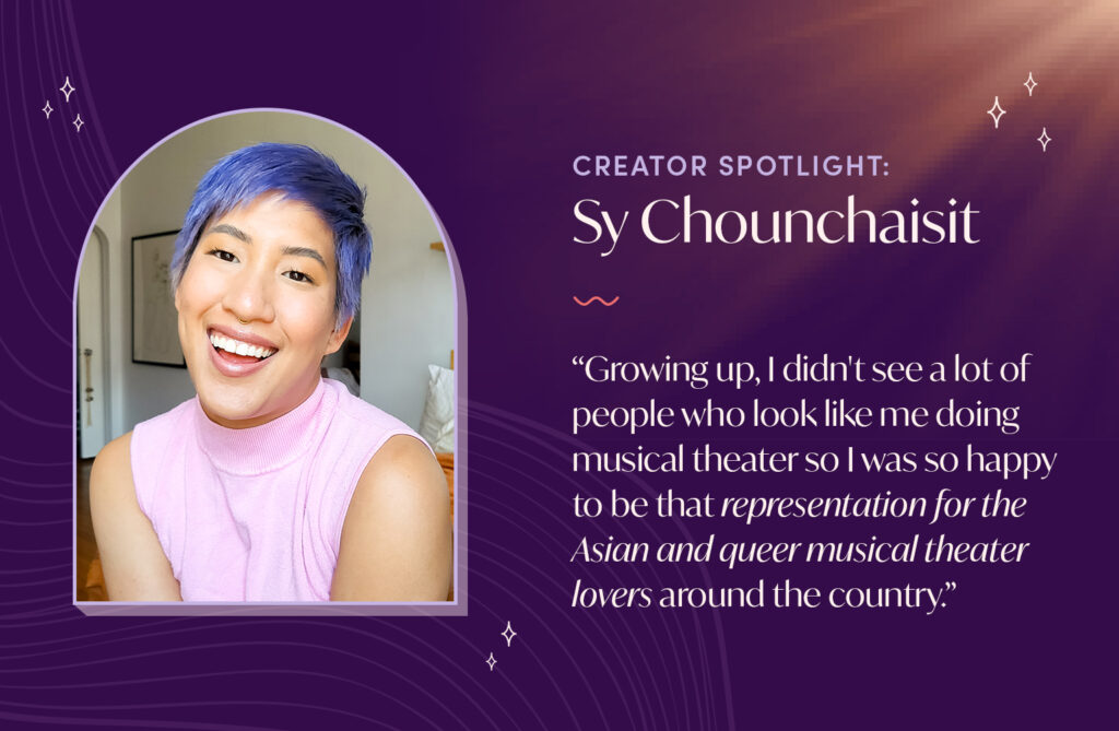 Image of AURA Hair Care Ambassador Sy Chounchaisit smiling joyfully as they show off their pixie cut in our vibrant Irish Lilac purple shade. 

Image also highlights a quote from Sy's interview: Sy: "Growing up, I didn't see a lot of people who look like me doing musical theater so I was happy to be that representation for the Asian and queer musical theater lovers around the county."