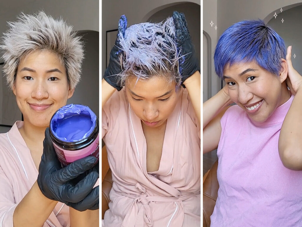 Image split into three pictures.  Sy demonstrates the process of enhancing her look using her personal pigmented mask in Irish Lilac.  Image shows before, application and result.  