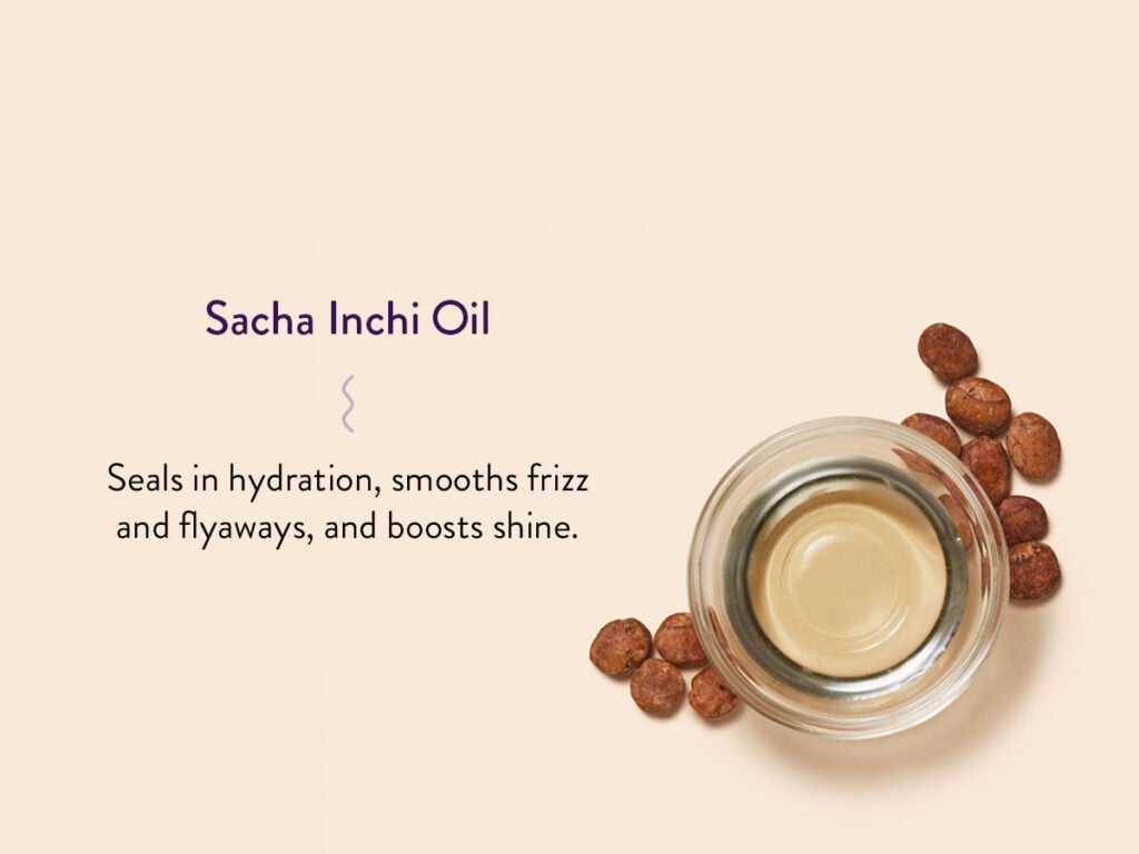 Image of Sacha Inchi Oil with description of benefits: Seals in hydration, smooths frizz and flyaways, and boosts shine. 