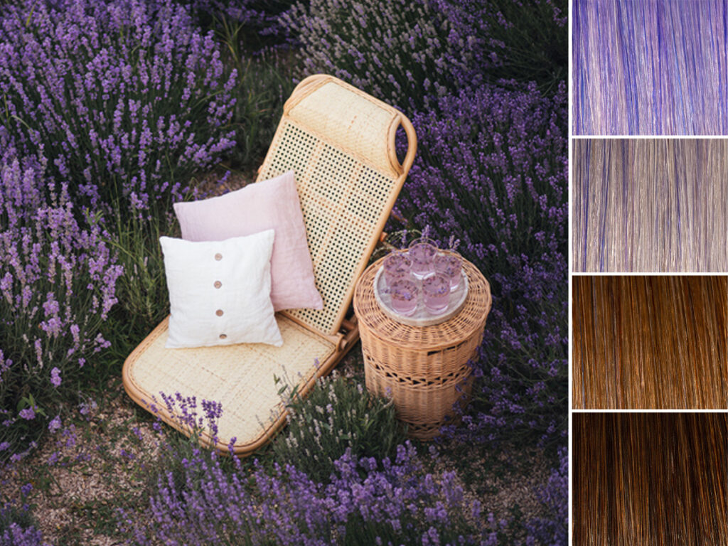 A dreamy chair sitting in a lavender field with hair swatches featuring our French Lavender Fantasy pigment