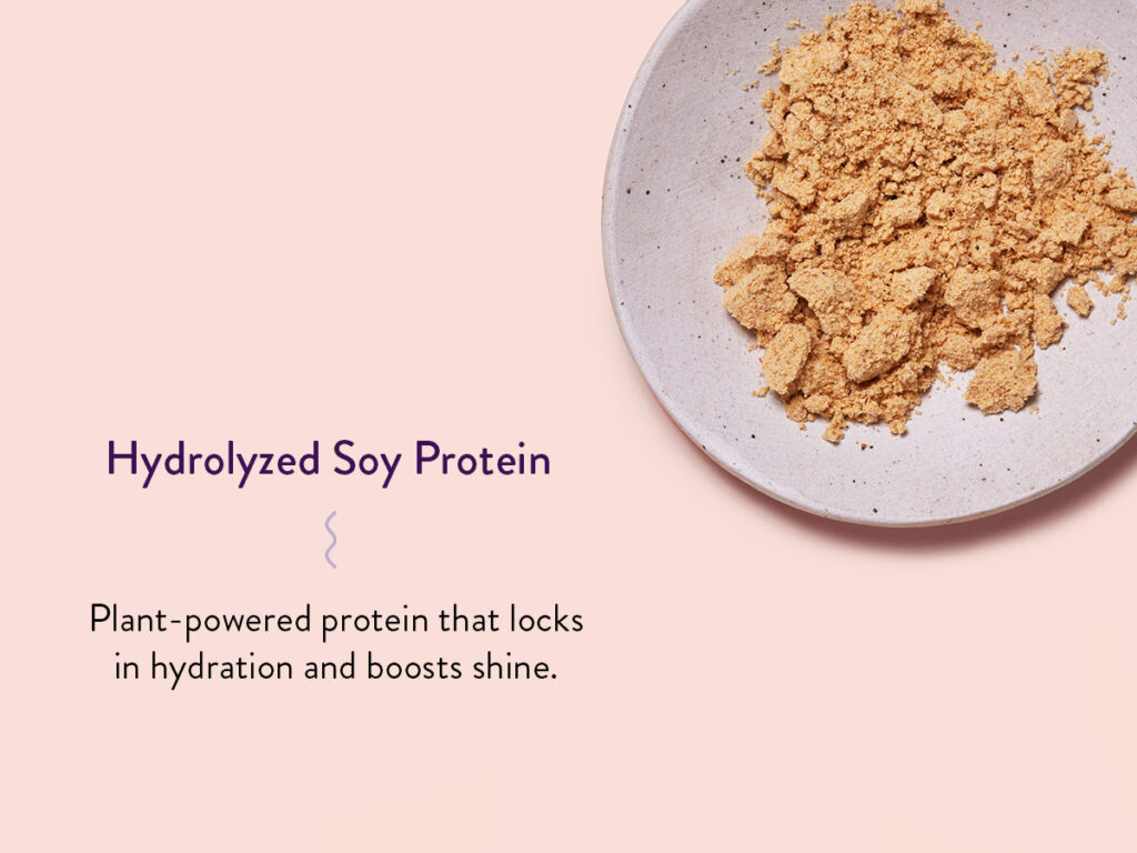 Hydrolyzed Soy Protien in a bowl and a description of the benefits: Plant-powered protein that locks in hydration and boosts shine. 