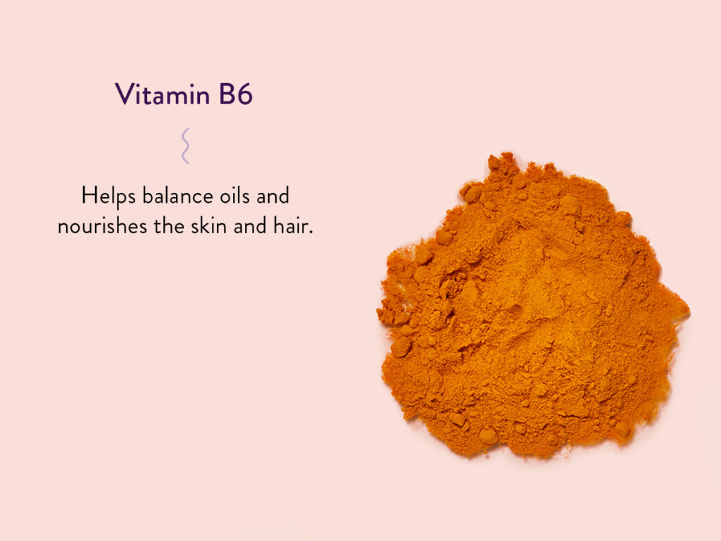 Vitamin B6 in powder form and a description of the benefits: Helps balance oils and nourishes the skin and hair. 