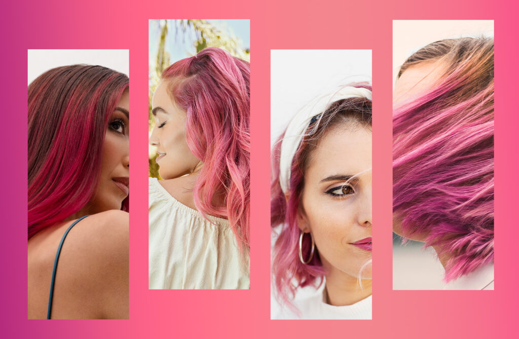 Collage of AURA Hair Care models showing off hair transformations using Pigmented Masques in the following Fantasy shades: Monaco Magenta, Rose Gold, Miami Pink, Tulum Pink.