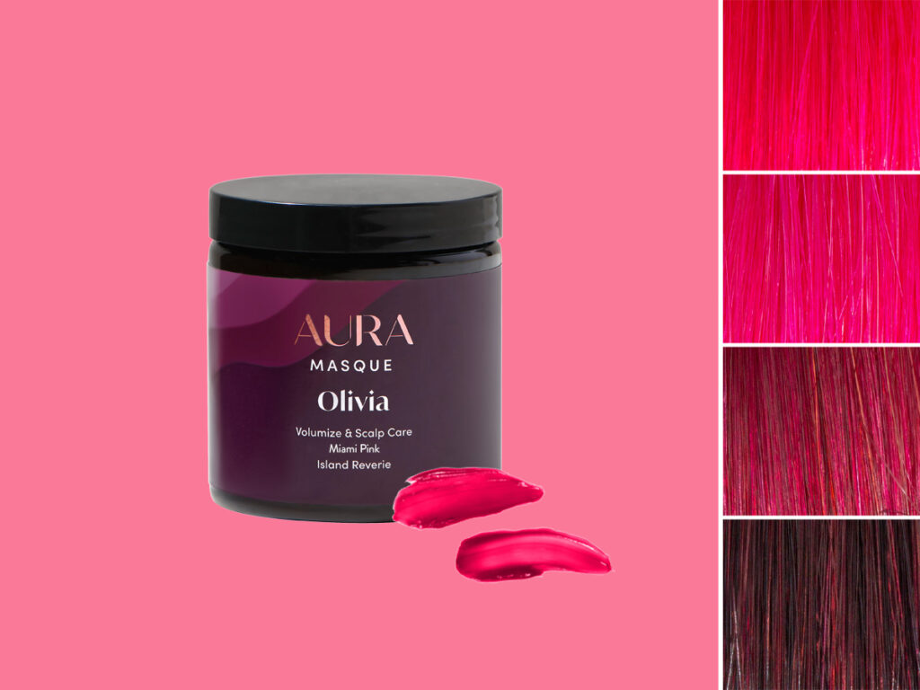 AURA Hair Care Pigmented Masque in Miami Pink showcasing the different results to expect depending on your shade of hair.