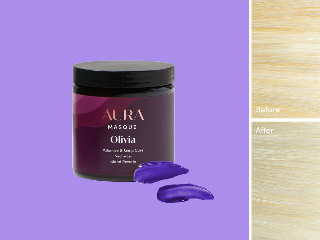 AURA Hair Care Neutralizing Masque for blonde hair. Image showcases a before and after hair swatches of toned blonde hair.