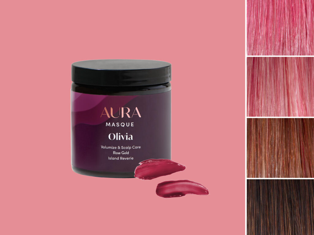 AURA Hair Care Pigmented Masque in Rose Gold showcasing the different results to expect depending on your shade of hair.
