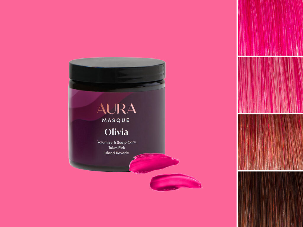 AURA Hair Care Pigmented Masque in Tulum Pink showcasing the different results to expect depending on your shade of hair.