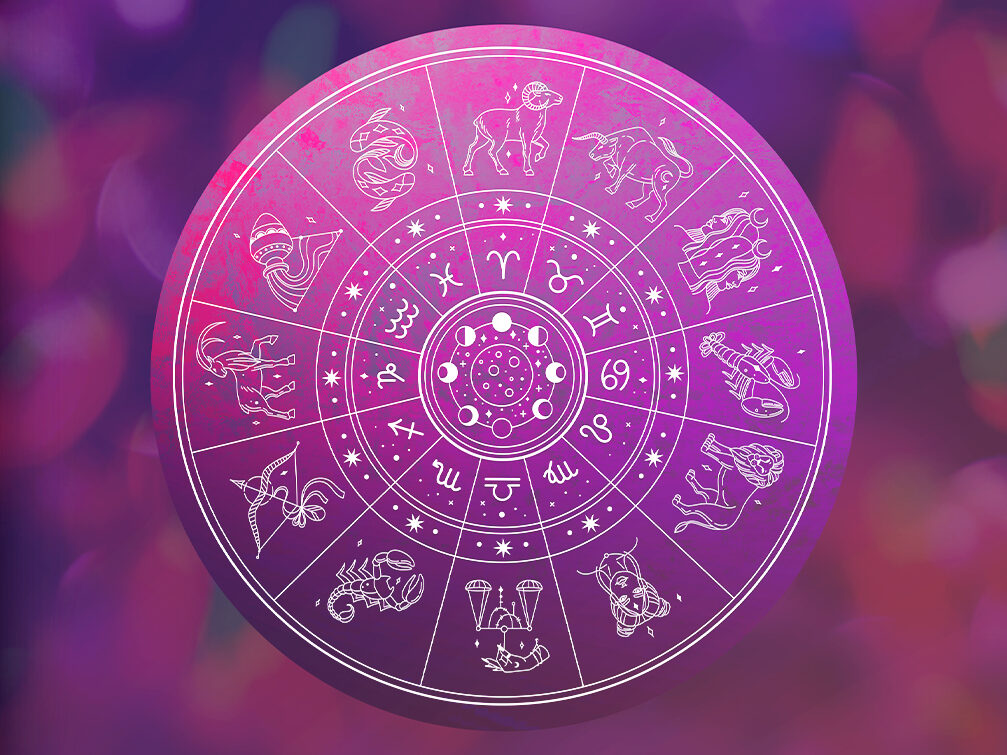 Wheel featuring all of the zodiac signs, their symbols, and the animal or object they are represented by.