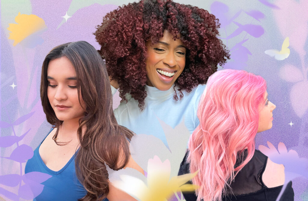 Three women showcasing this spring and summer's hair color trends. 