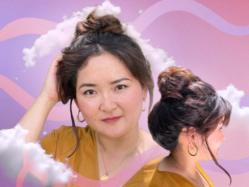 Front and side view of a person with wavy hair illustrating a loose, dreamy bun. 