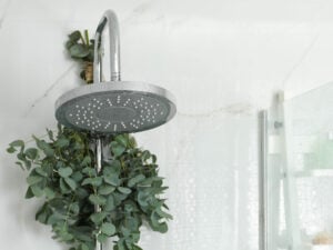 Shower head with leaves draped around the back inside of a white shower.